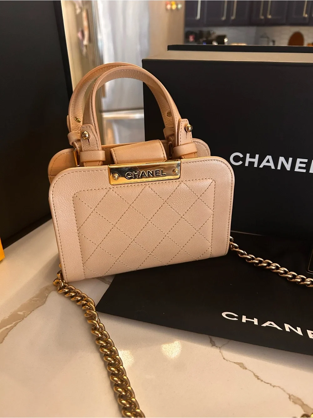 CHANEL Nude Quilted Mini Vanity Top-Handle with Gold Chain